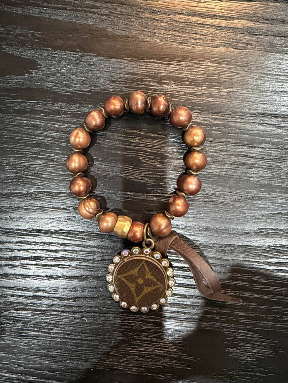 Up-cycled LV Brown Beaded Bracelet with Monogram Charm